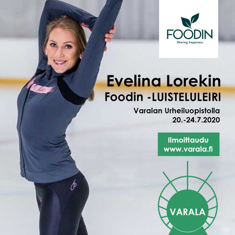 Instagram Evenleiri, 
Evelina Lorekin poseeraa jäällä
kuvassa Foodin ja Varala-logot. 